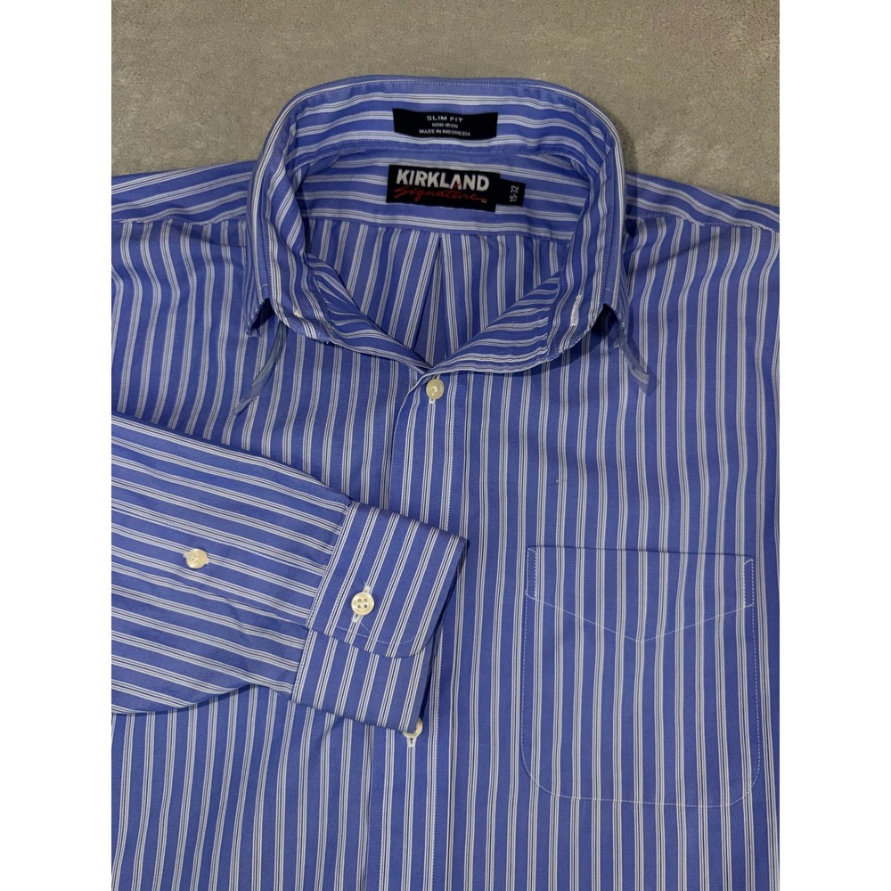 Kirkland Signature Mens 15X32 Slim Fit Non-Iron Striped Dress Shirt Blue White